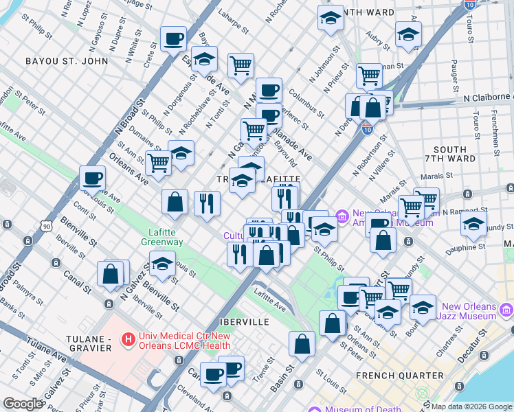 map of restaurants, bars, coffee shops, grocery stores, and more near 1837 Dumaine Street in New Orleans