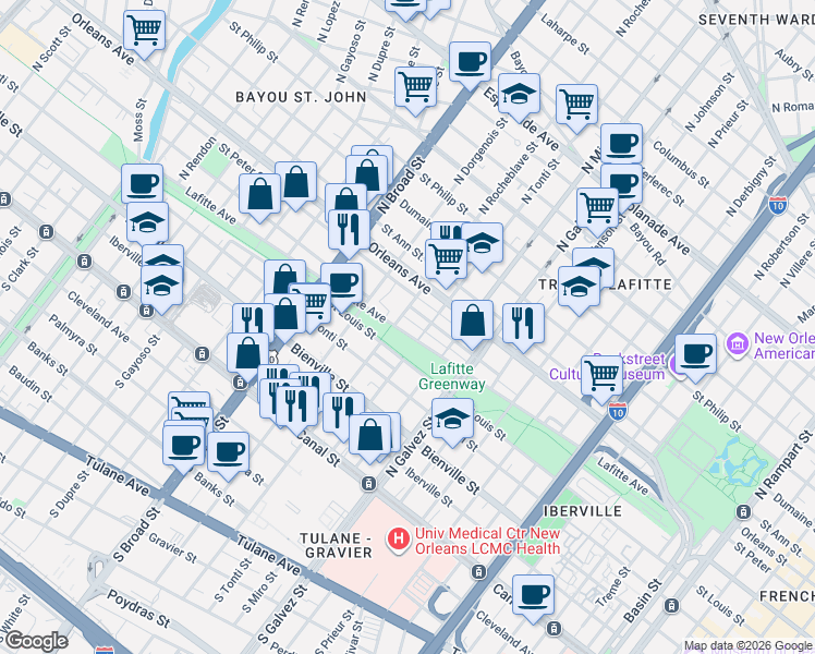 map of restaurants, bars, coffee shops, grocery stores, and more near 2401 Saint Louis Street in New Orleans