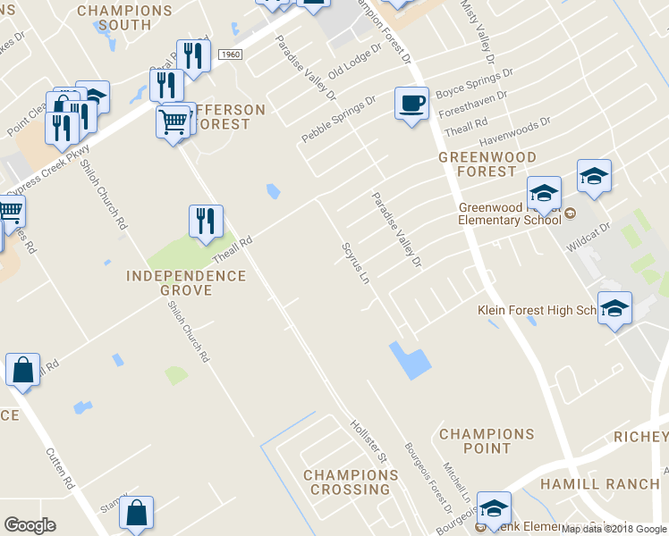 map of restaurants, bars, coffee shops, grocery stores, and more near 12323 Scyrus Lane in Houston