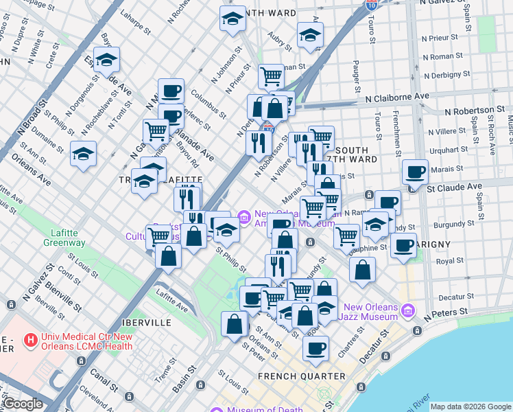 map of restaurants, bars, coffee shops, grocery stores, and more near in New Orleans