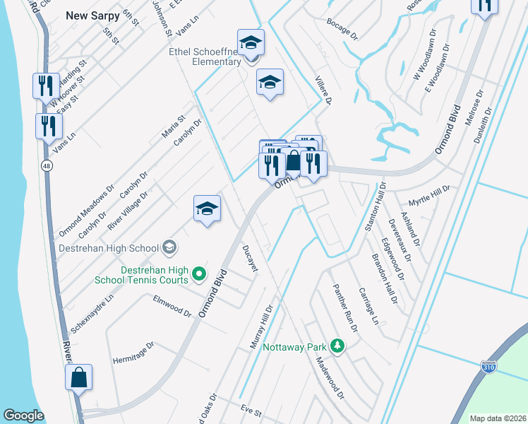 map of restaurants, bars, coffee shops, grocery stores, and more near 1900 Ormond Boulevard in Destrehan