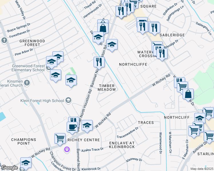 map of restaurants, bars, coffee shops, grocery stores, and more near 12427 Aarons Way in Houston