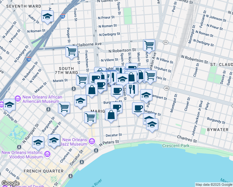 map of restaurants, bars, coffee shops, grocery stores, and more near North Rampart Street & Mandeville Street in New Orleans
