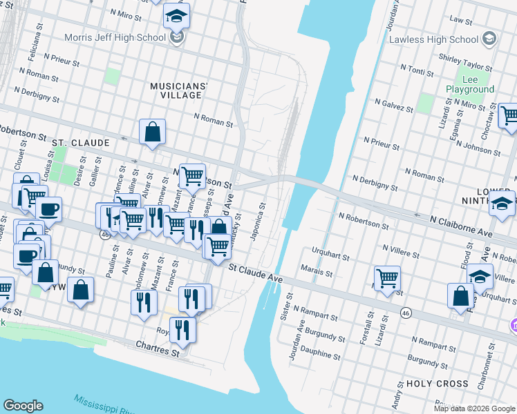 map of restaurants, bars, coffee shops, grocery stores, and more near 1333 Japonica Street in New Orleans