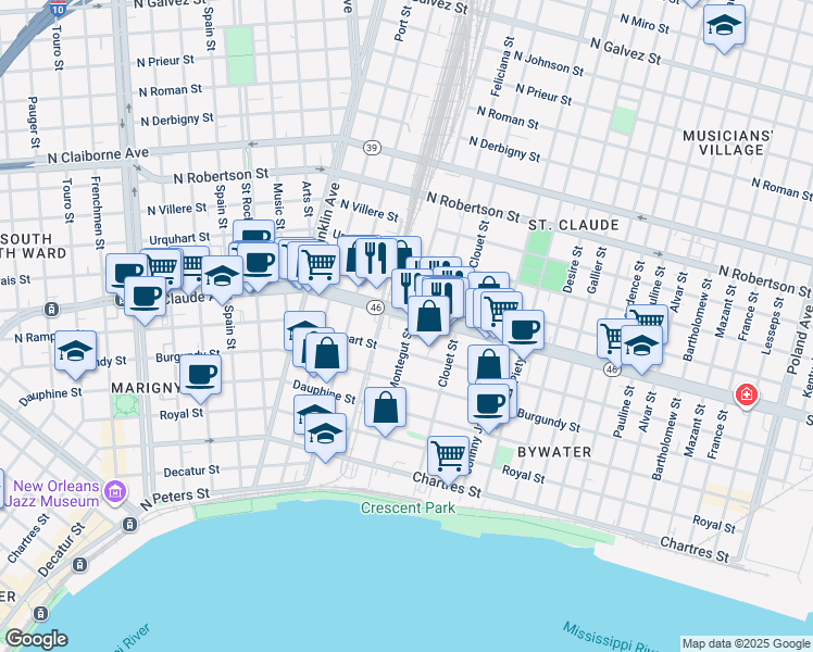 map of restaurants, bars, coffee shops, grocery stores, and more near 2939 North Rampart Street in New Orleans