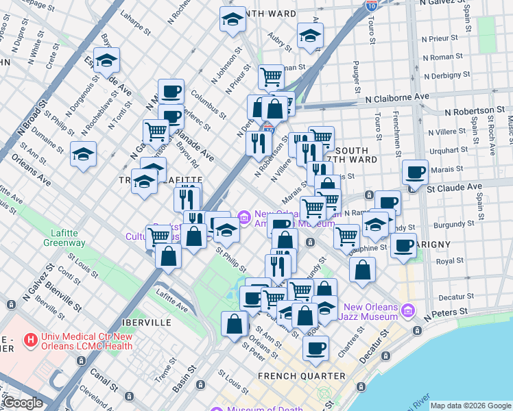 map of restaurants, bars, coffee shops, grocery stores, and more near in New Orleans