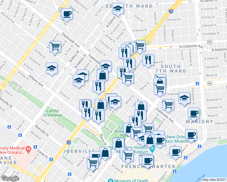map of restaurants, bars, coffee shops, grocery stores, and more near 1134 North Robertson Street in New Orleans