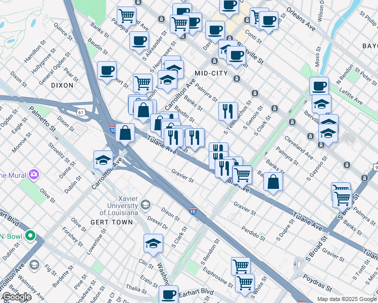 map of restaurants, bars, coffee shops, grocery stores, and more near South Cortez Street in New Orleans