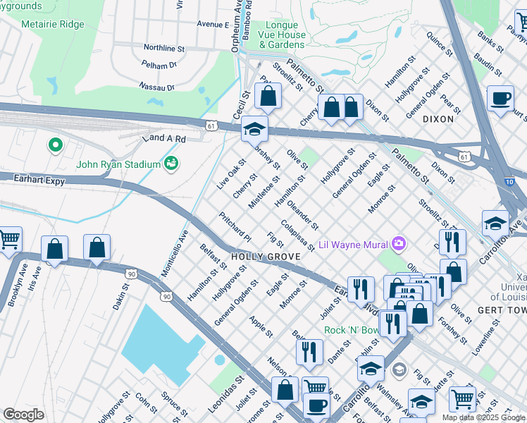 map of restaurants, bars, coffee shops, grocery stores, and more near 9106 Fig Street in New Orleans