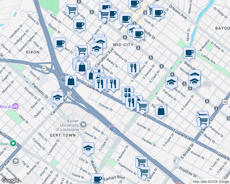 map of restaurants, bars, coffee shops, grocery stores, and more near South Cortez Street in New Orleans