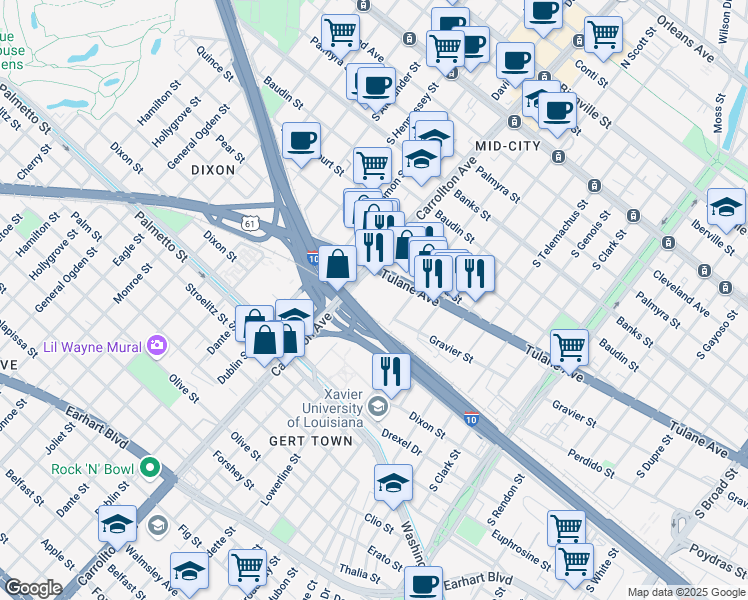 map of restaurants, bars, coffee shops, grocery stores, and more near 2928 Scarrollton in New Orleans