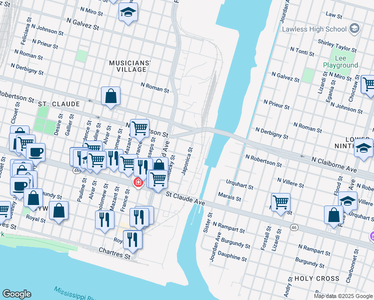 map of restaurants, bars, coffee shops, grocery stores, and more near 1333 Japonica Street in New Orleans