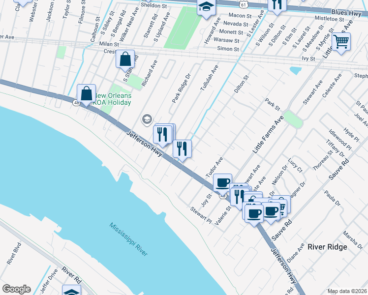 map of restaurants, bars, coffee shops, grocery stores, and more near 208 Dilton Street in River Ridge
