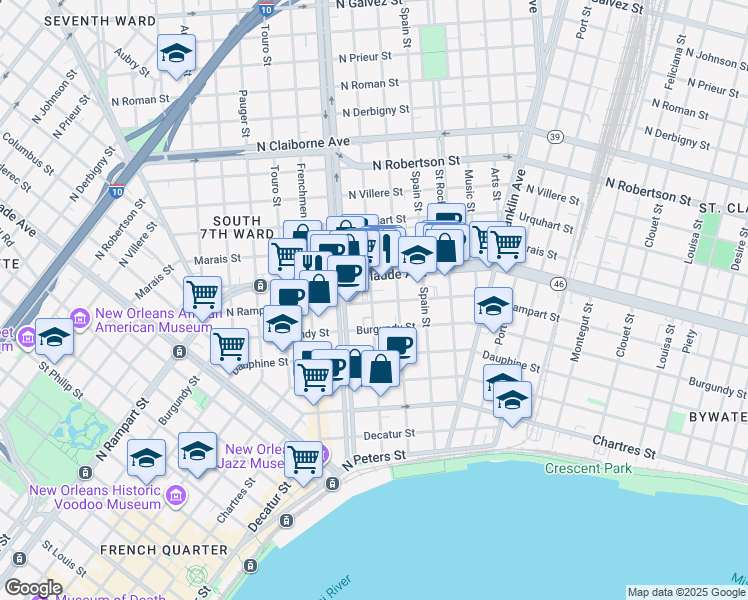 map of restaurants, bars, coffee shops, grocery stores, and more near 912 Marigny Street in New Orleans