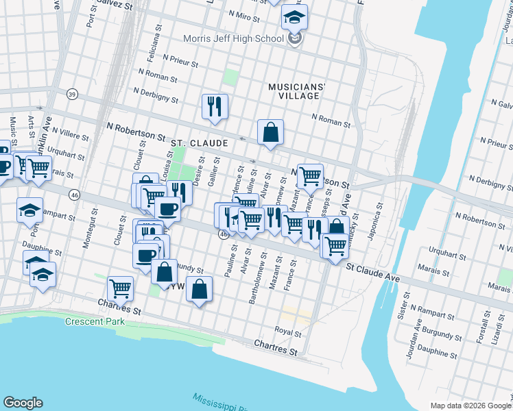map of restaurants, bars, coffee shops, grocery stores, and more near 46250 Pauline Street in New Orleans