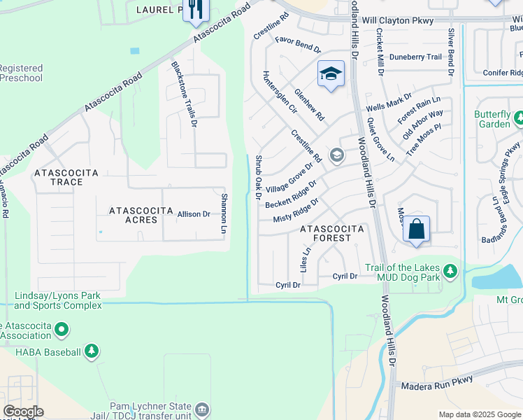 map of restaurants, bars, coffee shops, grocery stores, and more near 3602 Beckett Ridge Drive in Humble