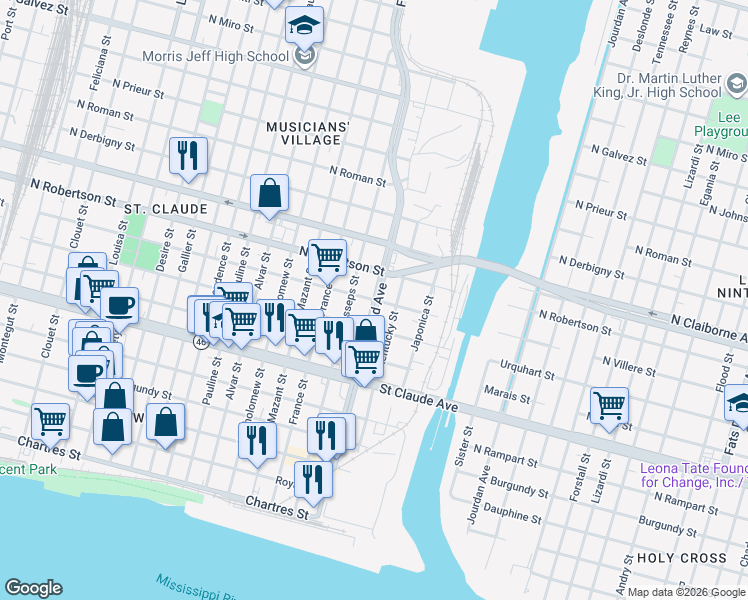 map of restaurants, bars, coffee shops, grocery stores, and more near in New Orleans