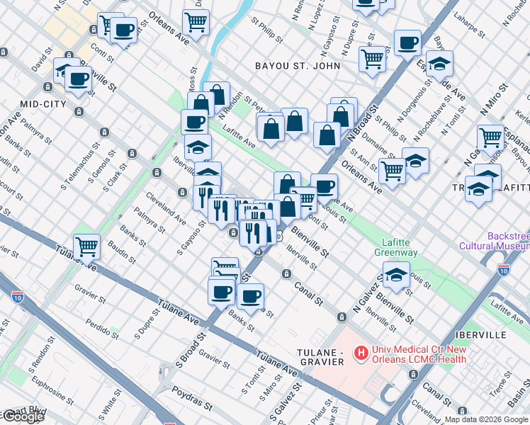 map of restaurants, bars, coffee shops, grocery stores, and more near 312 North White Street in New Orleans
