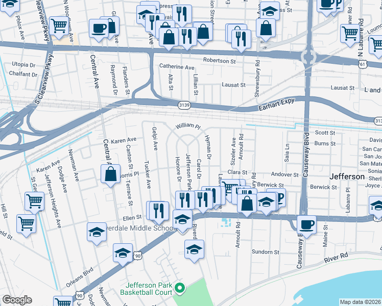 map of restaurants, bars, coffee shops, grocery stores, and more near 700 East Jefferson Park in Jefferson