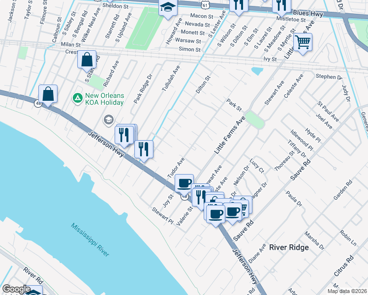map of restaurants, bars, coffee shops, grocery stores, and more near 10525 Stein Drive in River Ridge