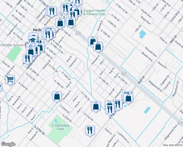 map of restaurants, bars, coffee shops, grocery stores, and more near 1323 Avenue H in Nederland