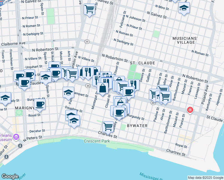 map of restaurants, bars, coffee shops, grocery stores, and more near 3113 Marais Street in New Orleans
