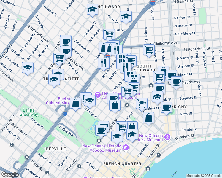map of restaurants, bars, coffee shops, grocery stores, and more near 1336 Kerlerec Street in New Orleans