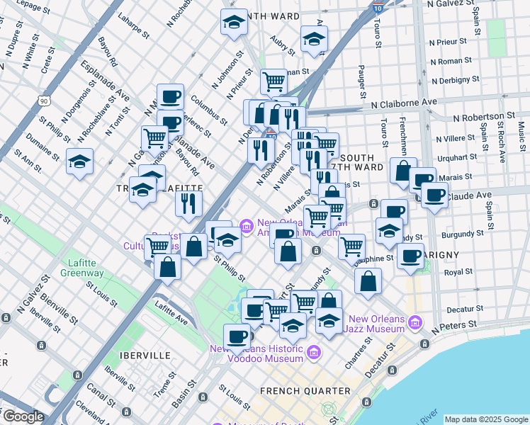 map of restaurants, bars, coffee shops, grocery stores, and more near 1422 Esplanade Avenue in New Orleans