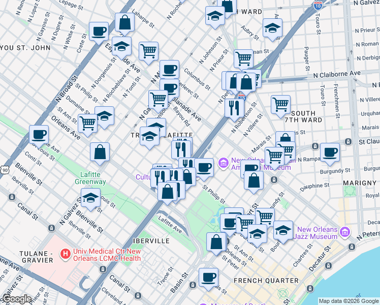 map of restaurants, bars, coffee shops, grocery stores, and more near 1723 Governor Nicholls Street in New Orleans