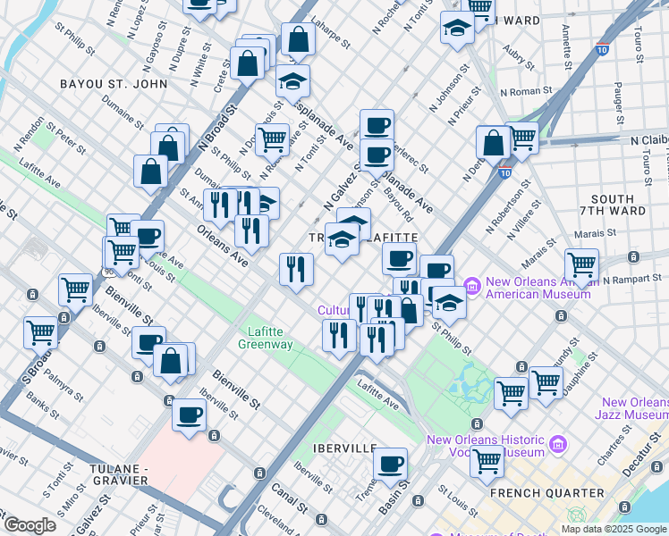 map of restaurants, bars, coffee shops, grocery stores, and more near 926 North Johnson Street in New Orleans