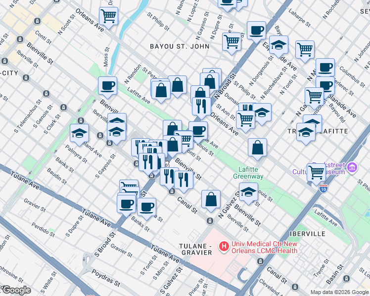 map of restaurants, bars, coffee shops, grocery stores, and more near 2640 Saint Louis Street in New Orleans