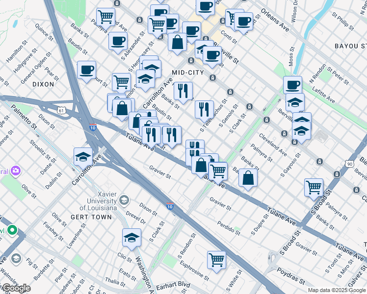 map of restaurants, bars, coffee shops, grocery stores, and more near 3720 Baudin Street in New Orleans