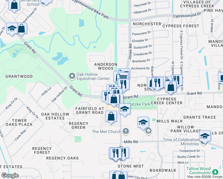 map of restaurants, bars, coffee shops, grocery stores, and more near 13418 Anderson Woods Drive in Houston