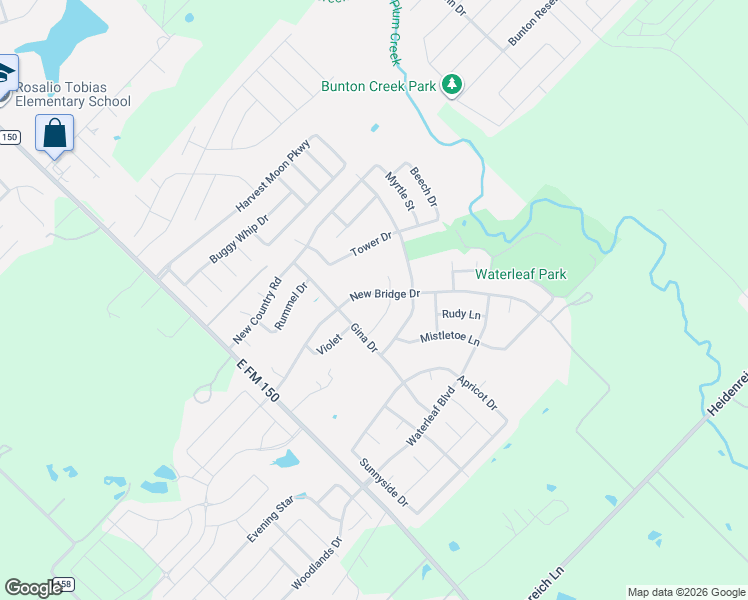 map of restaurants, bars, coffee shops, grocery stores, and more near 501 New Bridge Drive in Kyle