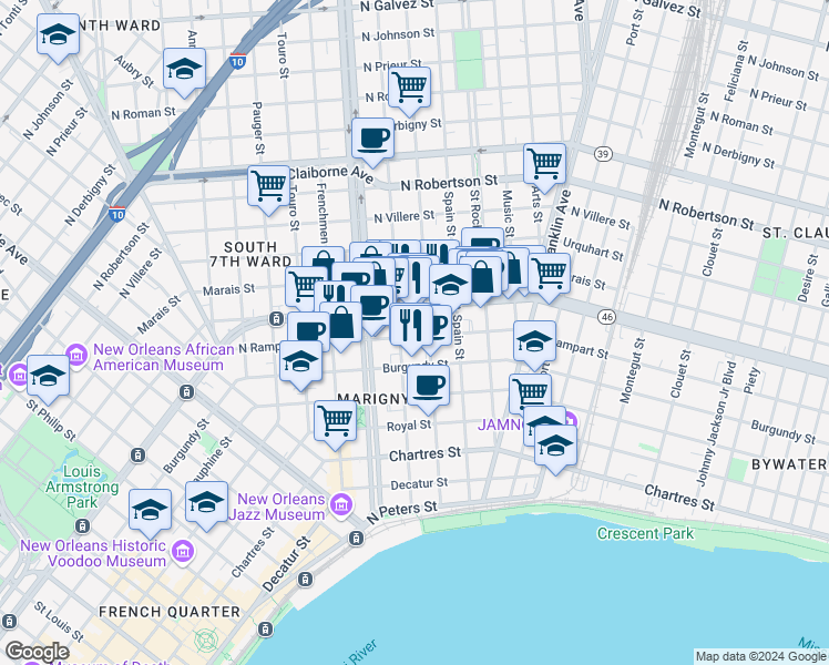 map of restaurants, bars, coffee shops, grocery stores, and more near 1040 Marigny Street in New Orleans
