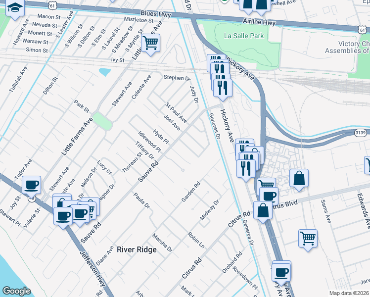 map of restaurants, bars, coffee shops, grocery stores, and more near 9913 Martha Lane in River Ridge
