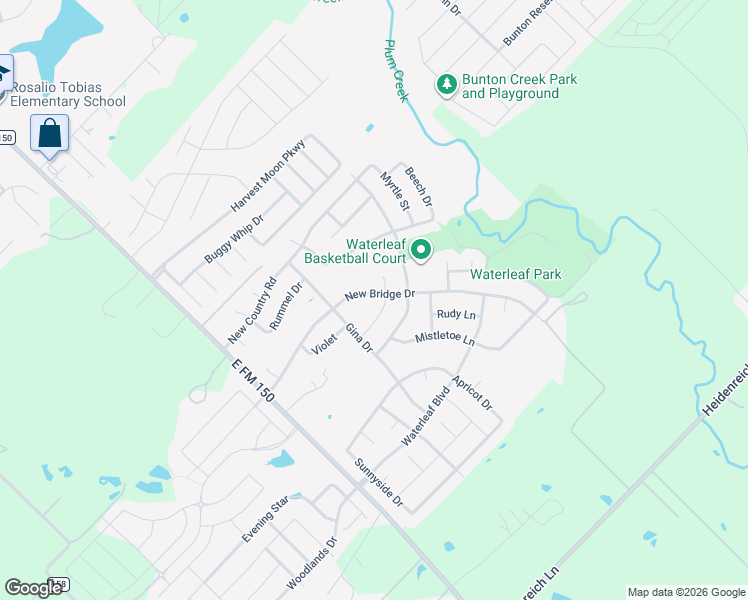 map of restaurants, bars, coffee shops, grocery stores, and more near 501 New Bridge Drive in Kyle