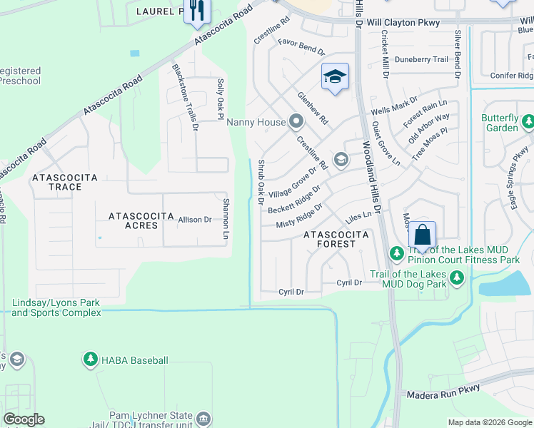 map of restaurants, bars, coffee shops, grocery stores, and more near 17115 Shrub Oak Drive in Humble