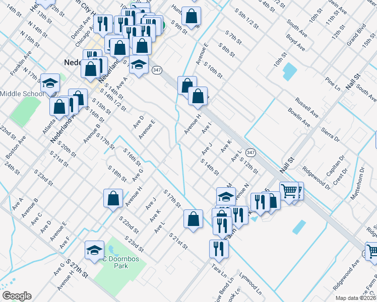 map of restaurants, bars, coffee shops, grocery stores, and more near 1323 Avenue H in Nederland