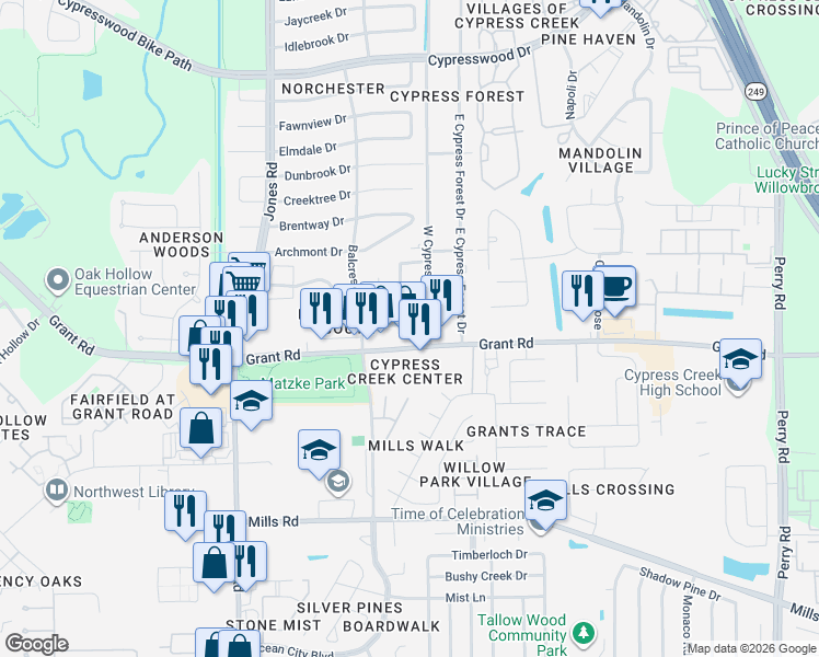 map of restaurants, bars, coffee shops, grocery stores, and more near 13315 Queensride Lane in Houston