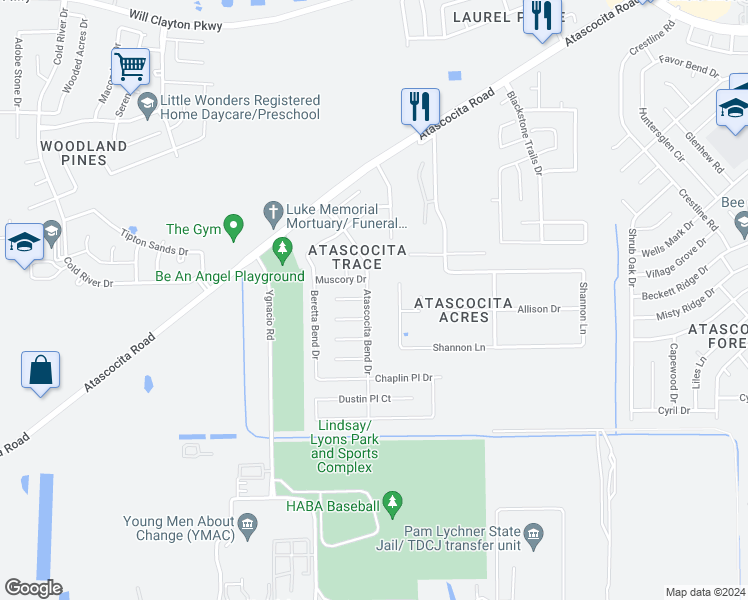 map of restaurants, bars, coffee shops, grocery stores, and more near 17034 Atascocita Bend Drive in Humble