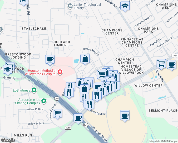 map of restaurants, bars, coffee shops, grocery stores, and more near 7700 Willow Chase Boulevard in Houston