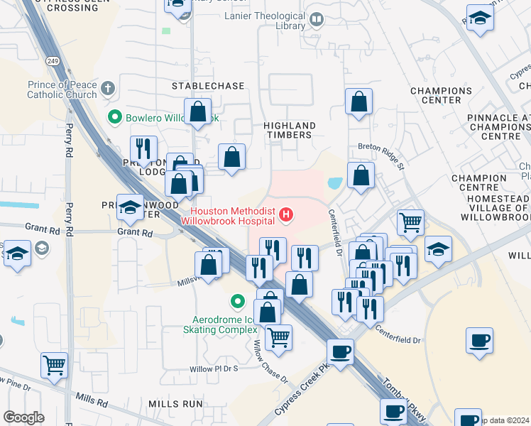 map of restaurants, bars, coffee shops, grocery stores, and more near 13300 Hargrave Road in Houston