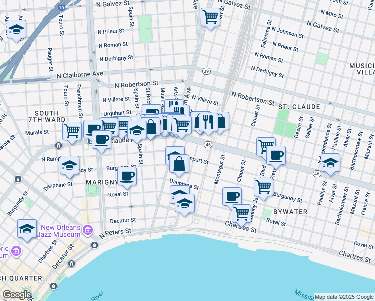 map of restaurants, bars, coffee shops, grocery stores, and more near in New Orleans