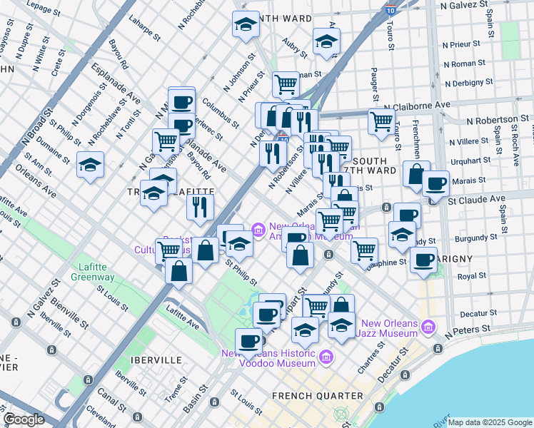 map of restaurants, bars, coffee shops, grocery stores, and more near 1422 Esplanade Avenue in New Orleans
