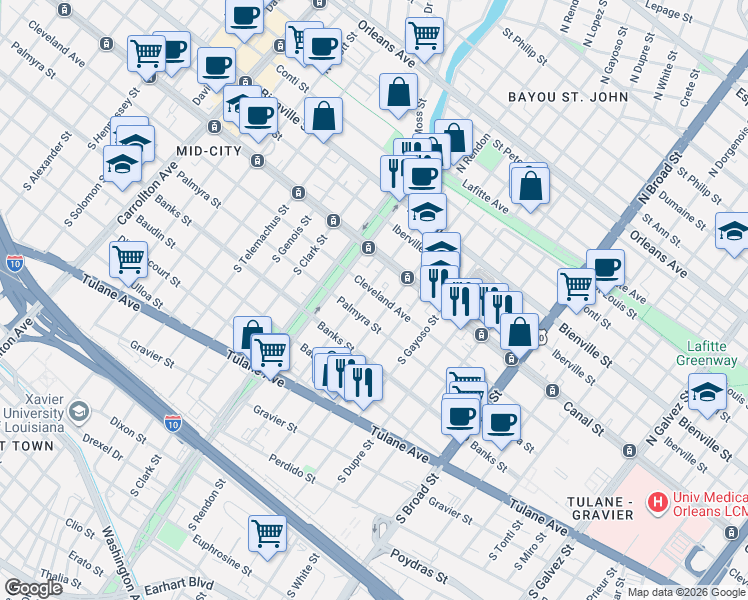 map of restaurants, bars, coffee shops, grocery stores, and more near 3222 Canal Street in New Orleans
