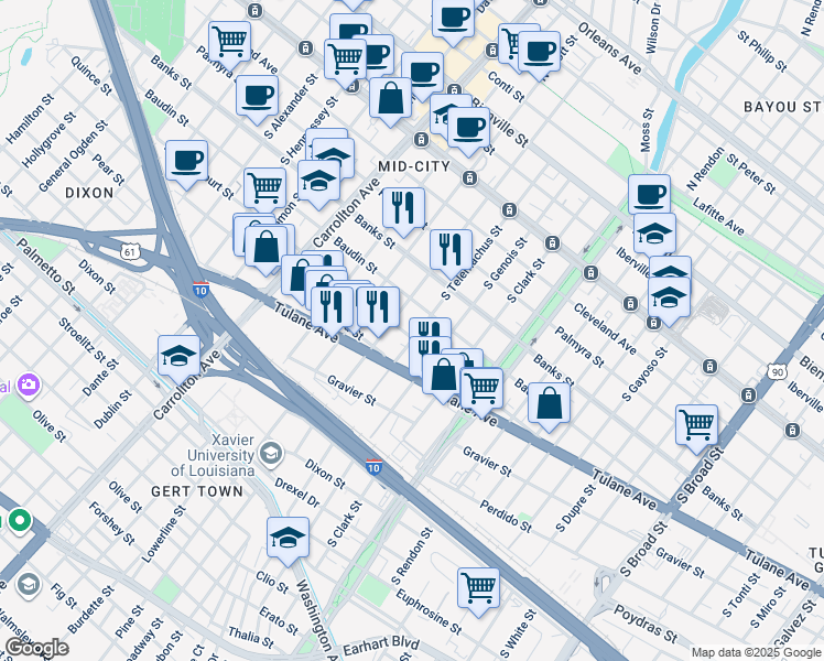 map of restaurants, bars, coffee shops, grocery stores, and more near 3720 Baudin Street in New Orleans
