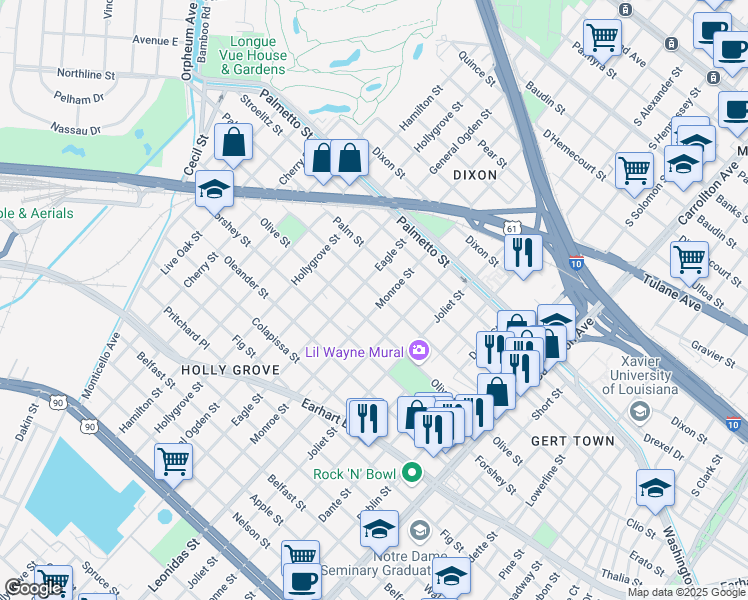 map of restaurants, bars, coffee shops, grocery stores, and more near 3520 Monroe Street in New Orleans