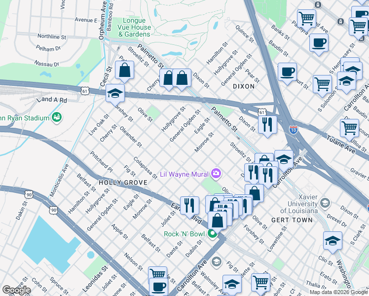 map of restaurants, bars, coffee shops, grocery stores, and more near 8810 Edinburgh Street in New Orleans