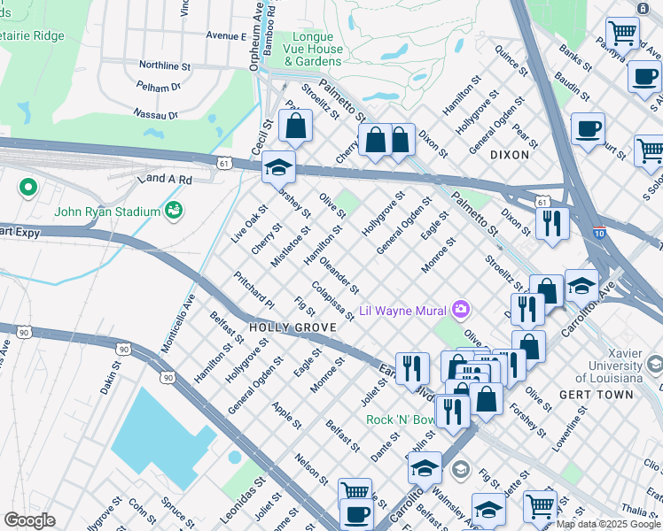 map of restaurants, bars, coffee shops, grocery stores, and more near 9010 Forshey Street in New Orleans